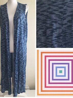 Lularoe Joy Longline Sleeveless Vest Womens L Blue Spacedye Duster Cardigan New
